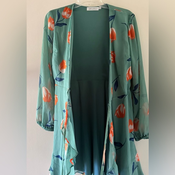 All In Favor Sheer Long Sleeve Mini Floral Tulip Wrap Dress - Picture 7 of 8